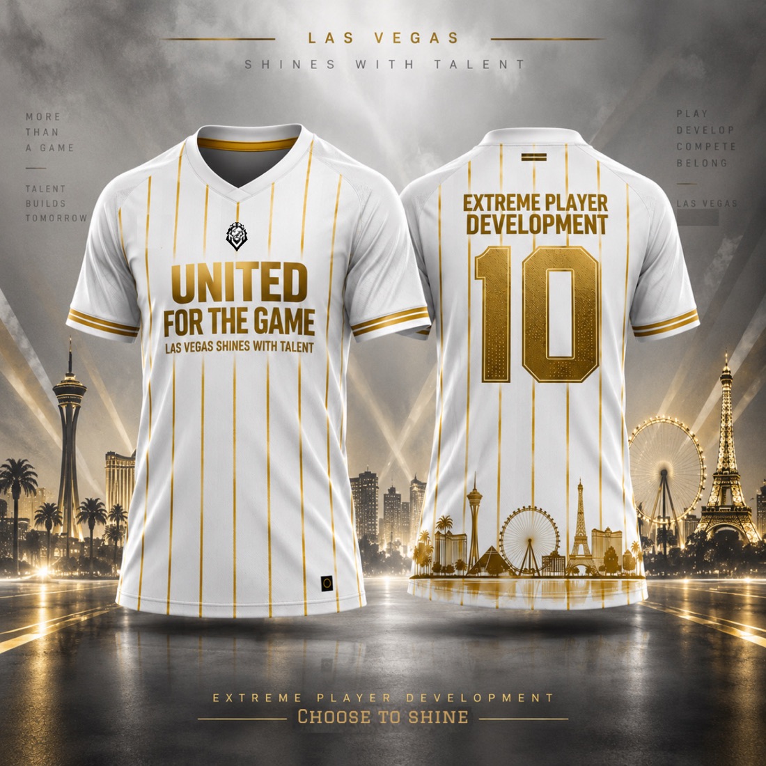 White and gold United For The Game shirt, front and back, number 10